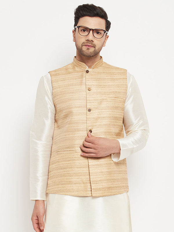 VASTRAMAY Men's Beige Silk Blend Nehru Jacket